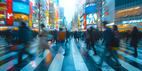 Blurry motion of people crossing a busy street in Tokyo at night.
