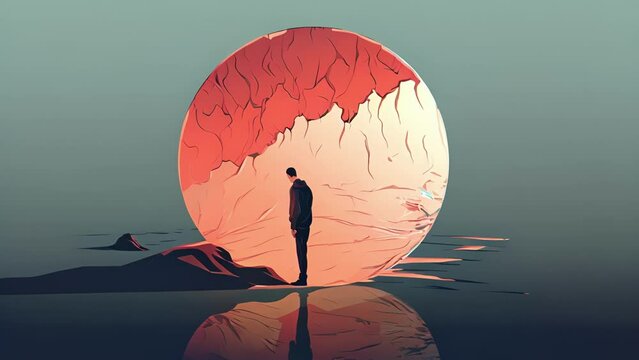 A person holding a cracked distorted mirror unable to clearly see their reflection. Psychology art concept.