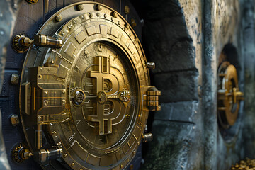 Obraz premium Bitcoin in the vault door. 3d illustration. Cryptocurrency concept.