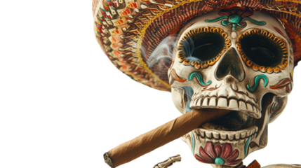 traditional mexican day of the dead decorative painted skull, smoking cigar, on transparent background