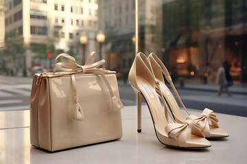 Fashionable beige varnished handbag and high-heeled shoes stand on a store window on street. Sales in an accessories store.  AI Generative - obrazy, fototapety, plakaty