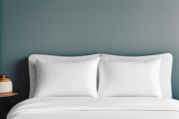 White fresh crispy pillow case on bed in bedroom - obrazy, fototapety, plakaty