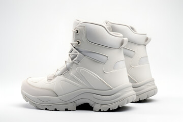 Mockup fashionable white winter snow boots on white background. Place for design, print and showcasing. Generate Ai.