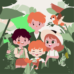 children hiking in the forest