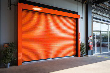 Modern Industrial Warehouse with Orange Roller Shutter Door