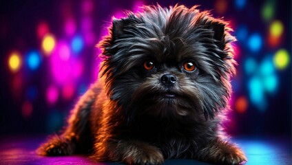 A portrait photo featuring an Affenpinscher dog, with vibrant neon lights illuminating the background