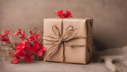 Gift box wrapped with simple brown craft paper and decorated with jute bow and branch of red spring flowers.