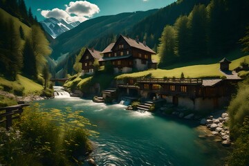 Naklejka premium a house nera the lake over srrounding in forest and mountains