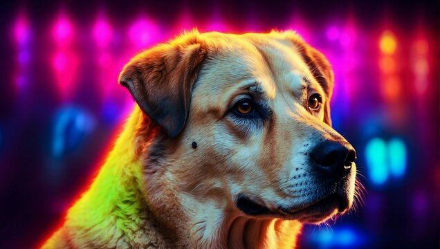 A portrait photo highlighting an Anatolian Shepherd Dog, with a vibrant backdrop of neon lights illuminating the scene