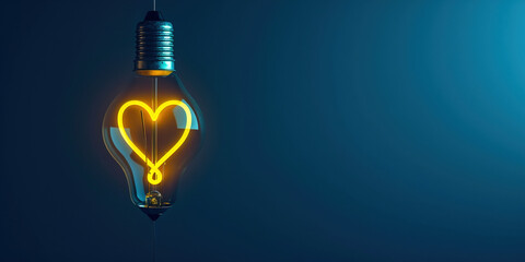 Yellow heart in electric light bulb on blue studio background with copy space empty place for text. Valentine's day, creative idea, Inspiration share love concept. - obrazy, fototapety, plakaty