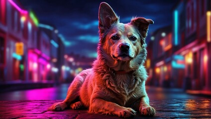 A portrait photo highlighting a Barbado da Terceira Dog, with vibrant neon lights illuminating the background - obrazy, fototapety, plakaty
