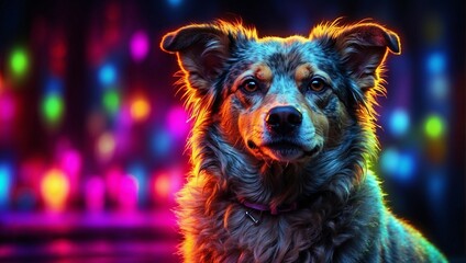 A portrait photo highlighting a Barbado da Terceira Dog, with vibrant neon lights illuminating the background