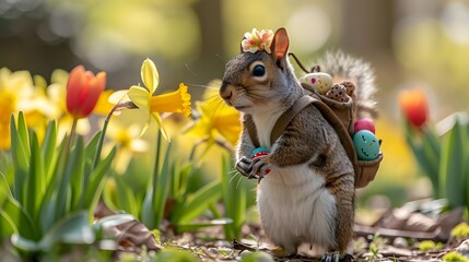 Funny cute squirrel with backpack filled with easter eggs on the background of flower field.