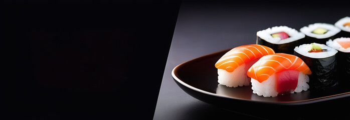 Sushi banner. Asian food, salmon rolls on a plate, banner template with empty space for text, photo for cafe, restaurant and delivery, luxury japanese seafood black background