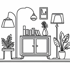 Continuous one line drawing of cabinet with floor lamp and home plant. Indoor furniture with modern design in simple linear style. Editable stroke. Doodle vector illustration