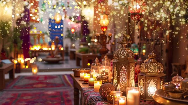 ramadhan decoration with lentern and candle on blessing night Seamless looping 4k time-lapse virtual video animation background. Generated AI