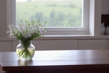 Small white flowers in glass vase on morning light in window