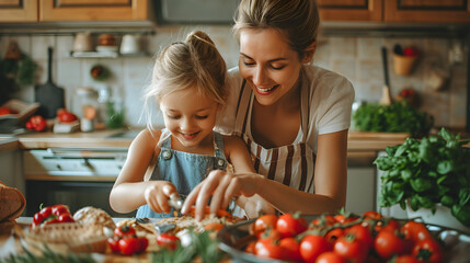 Mom and daughter bonding in the kitchen while cooking together. - obrazy, fototapety, plakaty