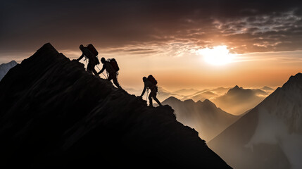 Photo of sillhouette two climbers ascending a steep mountain slo