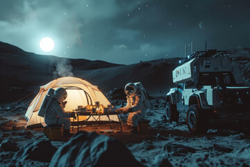 Explorers in spacesuits meeting diner on the moon and car off road background