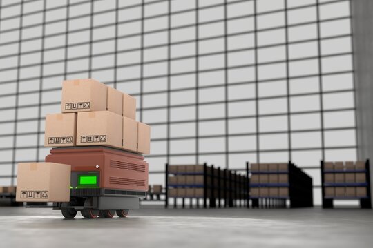 CAR truck robot Delivery Product in factory background Import and export products Industry Artificial Intelligence control This image was created using 3D program. 3D RENDER three dimensional.	