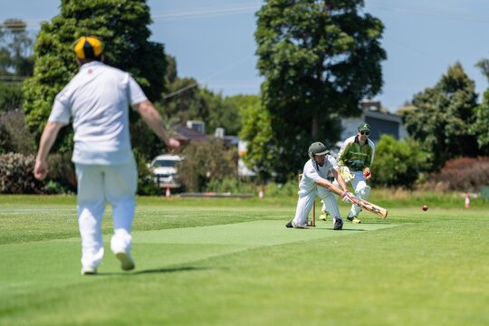 amateur game of local cricket match, cricket bat and bowl in summer