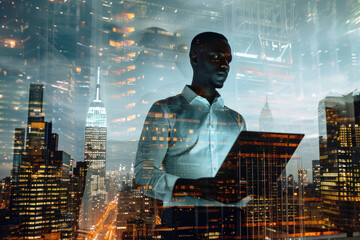 American black Businessman look at camera holding laptop, double exposure with Building Construction site Night New York City