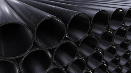 Tracking DOF camera looping 3D animation of the carbon fiber composite pipes stacked at warehouse rendered in UHD