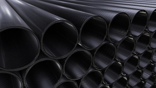 Tracking DOF camera looping 3D animation of the carbon fiber composite pipes stacked at warehouse rendered in UHD