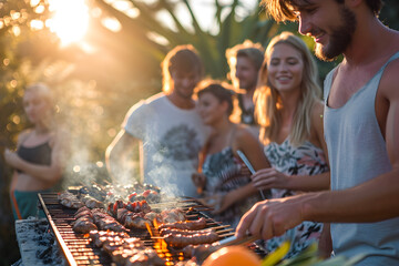 A group of friends in Australia enjoying a Christmas day barbeque in the warm weather - obrazy, fototapety, plakaty