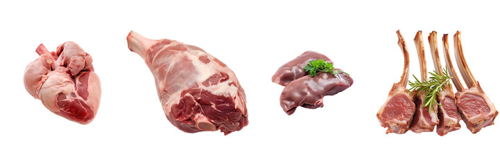 Collection of raw part of lamb meat: Heart of Lamb, Leg of Lamb, Liver of Lamb, Rack of Lamb  isolated on transparent background
