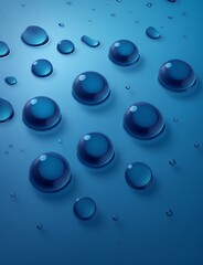 Abstract Wallpaper background. Macro water droplets on a surface of Cyan Blue Hue and a few drops of Carbon Black.water drops on blue background