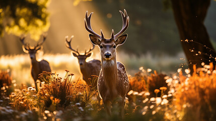 a_group_of_deer_grazing_in_a_sunlit_meadow_no_text_eye - obrazy, fototapety, plakaty