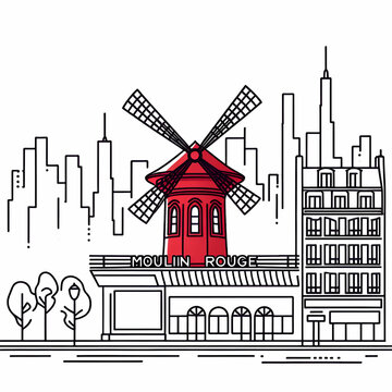 Continuous one line drawing of Cabaret Moulin Rouge. Red windmill in Paris city in simple linear style. French landmark in editable stroke. Doodle outline vector illustration