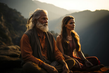 Unity connection with yourself, meditating for inner peace zen balance, stable mental health wellness concept. Senior adult couple practicing breathing yoga pranayama in sunrise nature park