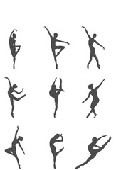 silhouettes of woman ballet dancers in many pose