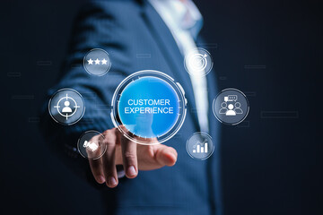 Customer experience management concept, Businessman touching virtual customer experience icon for...