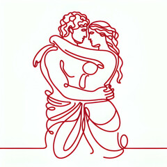 One continuous red line drawing of greek statue couple in romance, valentine's day, Vector illustration