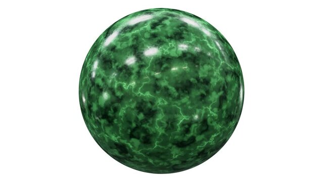 Realistic looping 3D animation of the spinning green marble sphere rendered in UHD with alpha matte