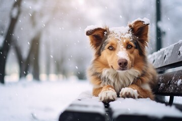 Cute dog sitting on bench in snowy park