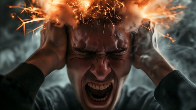 Screaming man gripped by exploding head with sparks and smoke