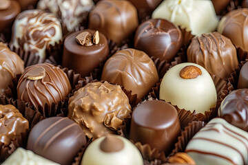 Obraz na płótnie Canvas Assortment of chocolate candies, white, dark, milk chocolate Sweets background