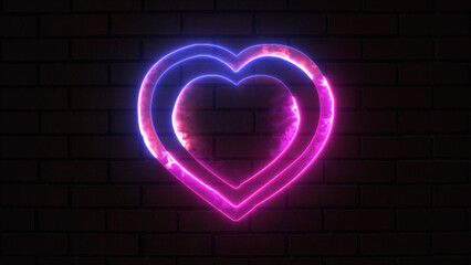 Animated glowing neon heart shape sign isolated on bricks wall. Abstract background with bright pink and blue neon heart shape. Valentine love concept