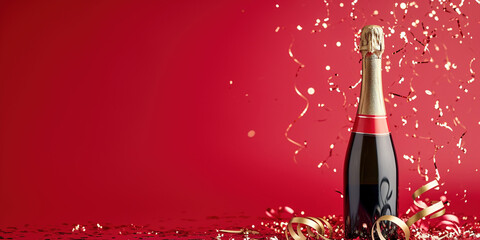 Fototapeta premium A bottle of champagne on a red studio background. Holiday concept