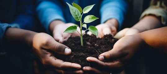 Hands together. nurturing growth in fertile soil for environmental sustainability