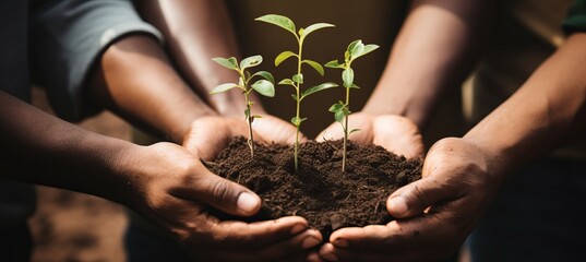 Eco-awareness. hands holding small plant in fertile soil for environmental sustainability