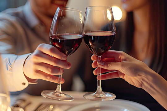 Close up of young couple toasting with glasses of red wine at restaurant