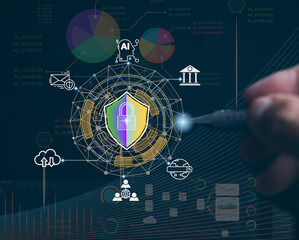 Technology unlocking and cyber security concept,  businessman uses pen hand touching white padlock icon. The world's most technologically advanced unlocking symbol and cyber security.