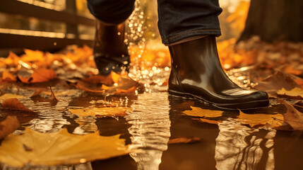 Close-up of a man walking through puddles on a rainy autumn day