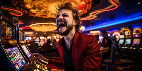Man in red jacket celebrating win at casino slot machine. excitement and joy in las vegas. fun night out captured. AI